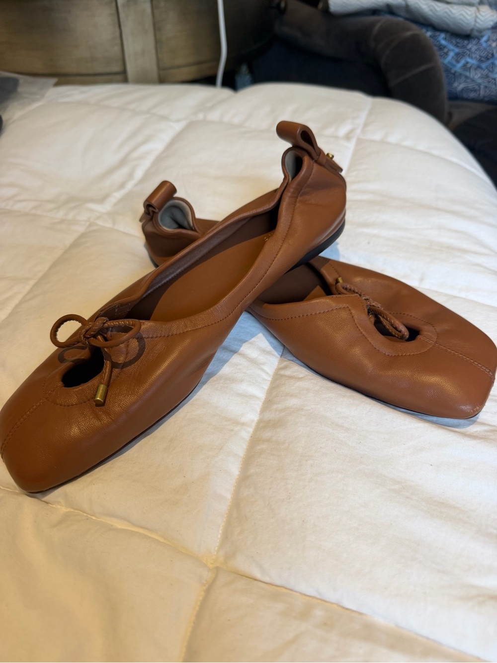 Frame Denim Cognac Leather Ballet Flats with Bow